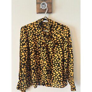 Zara Womens Size XS Black Yellow Gold Dotted Blouse Long Sleeve Button Front